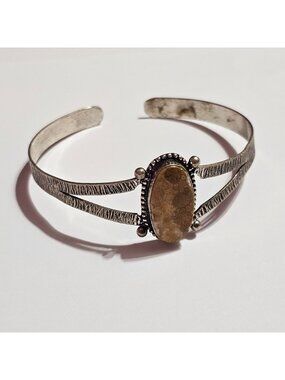 (696) Silver-Tone Jasper Stone Cuff Bracelet Vintage Adjustable Bangle Jewelry